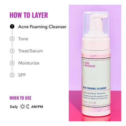 Good Molecules Acne Foaming Cleanser - 2% Salicylic Acid Face Wash for Acne-Prone Skin, Gentle Foaming Cleanser with Alcohol-Free Witch Hazel & Aloe, 5 Fl Oz