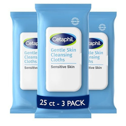 Cetaphil Gentle Skin Cleansing Cloths for Dry, Sensitive Skin – 25 Count (Pack of 3) – Hypoallergenic & Fragrance Free Face and Body Wipes Avelisse
