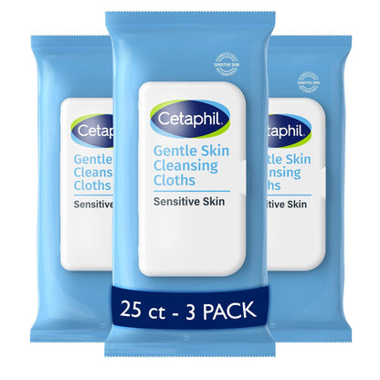 Cetaphil Gentle Skin Cleansing Cloths for Dry, Sensitive Skin – 25 Count (Pack of 3) – Hypoallergenic & Fragrance Free Face and Body Wipes Avelisse