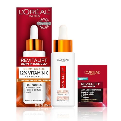 L'Oreal Paris Revitalift 12% Pure Vitamin C Serum with Vitamin E & Salicylic Acid - Brightening Face Serum, 1 oz + Moisturizer Sample Avelisse