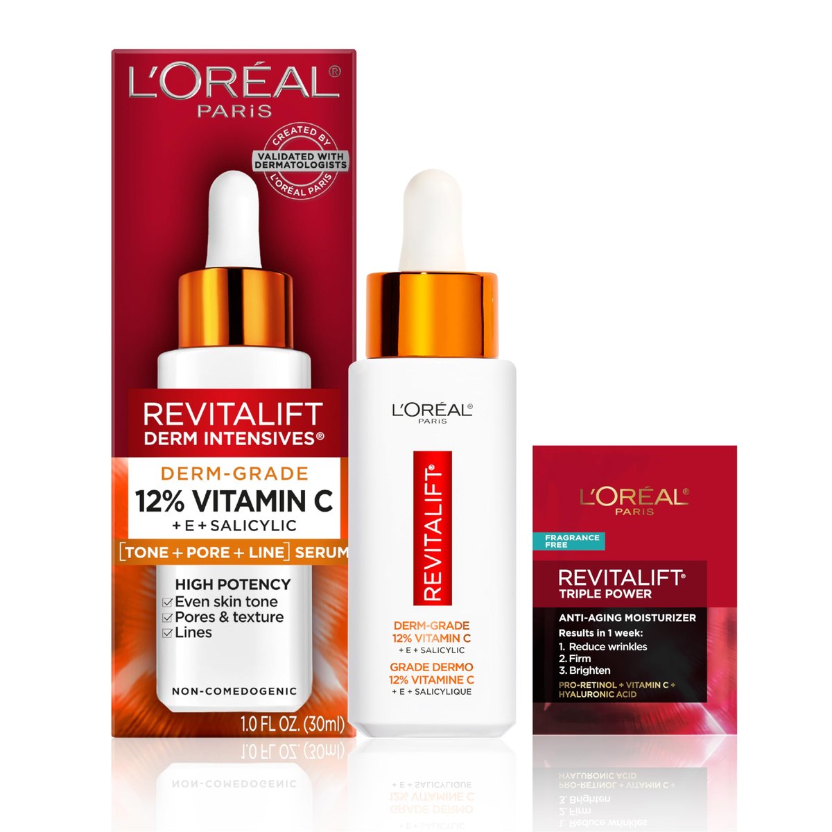 L'Oreal Paris Revitalift 12% Pure Vitamin C Serum with Vitamin E & Salicylic Acid - Brightening Face Serum, 1 oz + Moisturizer Sample Avelisse