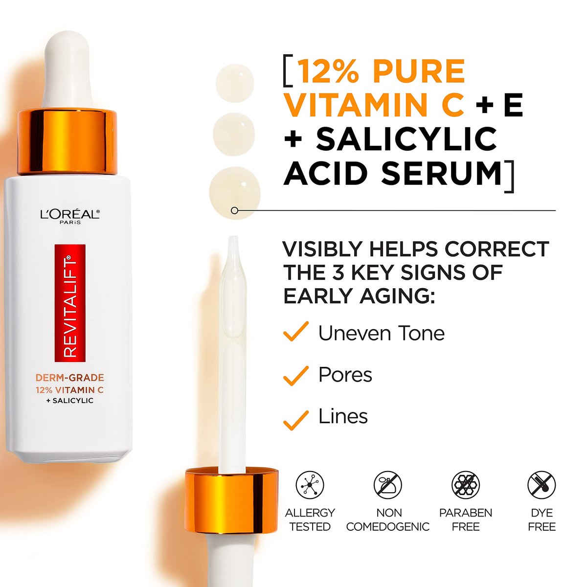 L'Oreal Paris Revitalift 12% Pure Vitamin C Serum with Vitamin E & Salicylic Acid - Brightening Face Serum, 1 oz + Moisturizer Sample Avelisse