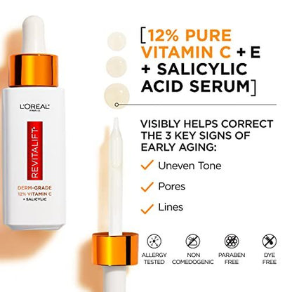 L'Oreal Paris Revitalift 12% Pure Vitamin C Serum with Vitamin E & Salicylic Acid - Brightening Face Serum, 1 oz + Moisturizer Sample Avelisse