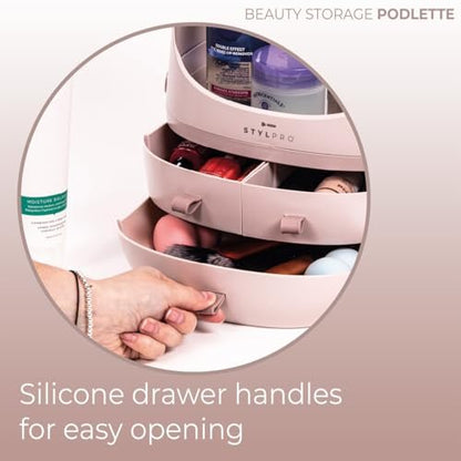 StylPro Stylpro Beauty Storage Podlette - Portable Makeup Organizer with 4 Sections, 3 Drawers, Transparent Display & Handle - Rose
