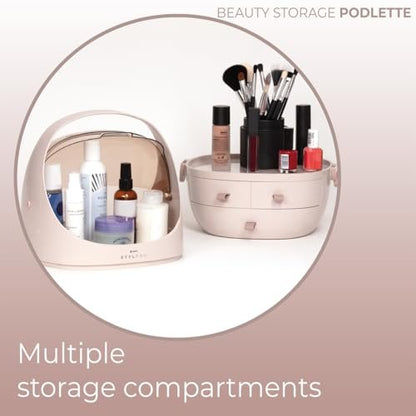 StylPro Stylpro Beauty Storage Podlette - Portable Makeup Organizer with 4 Sections, 3 Drawers, Transparent Display & Handle - Rose