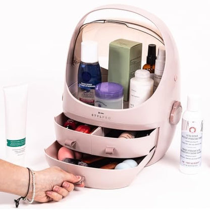 StylPro Stylpro Beauty Storage Podlette - Portable Makeup Organizer with 4 Sections, 3 Drawers, Transparent Display & Handle - Rose