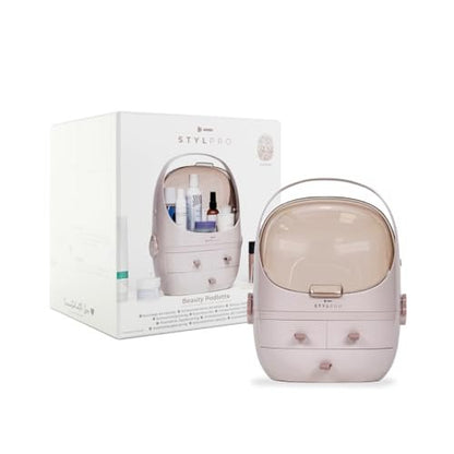 StylPro Stylpro Beauty Storage Podlette - Portable Makeup Organizer with 4 Sections, 3 Drawers, Transparent Display & Handle - Rose