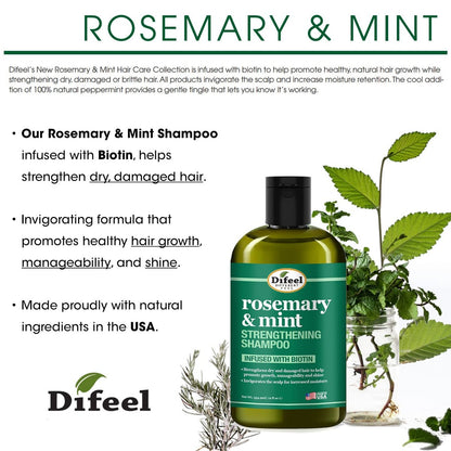 Difeel Rosemary Mint Strengthening Shampoo with Biotin - 12 oz | Natural Rosemary Oil for Hair Growth