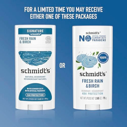 Schmidt's Aluminum-Free Vegan Deodorant Fresh Rain & Birch – 24 Hour Odor Protection, Natural Ingredients, Cruelty-Free, 2.65 oz