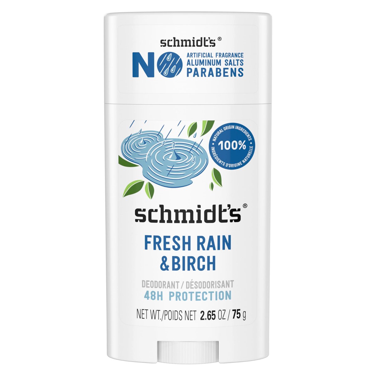 Schmidt's Aluminum-Free Vegan Deodorant Fresh Rain & Birch – 24 Hour Odor Protection, Natural Ingredients, Cruelty-Free, 2.65 oz - görsel 1