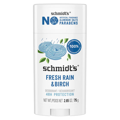 Schmidt's Aluminum-Free Vegan Deodorant Fresh Rain & Birch – 24 Hour Odor Protection, Natural Ingredients, Cruelty-Free, 2.65 oz