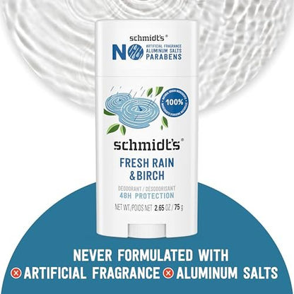 Schmidt's Aluminum-Free Vegan Deodorant Fresh Rain & Birch – 24 Hour Odor Protection, Natural Ingredients, Cruelty-Free, 2.65 oz