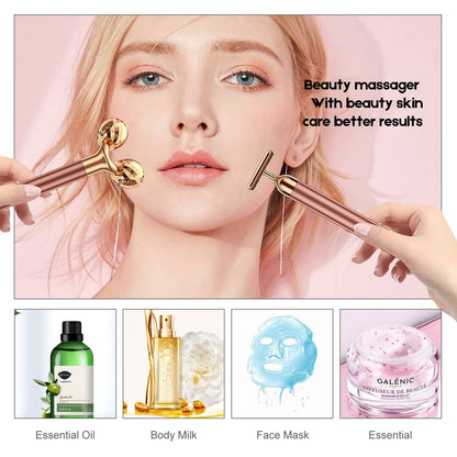 2-in-1 Beauty Bar 24K Golden Pulse Facial Massager – Electric 3D Roller & T-Shape for Eyes, Nose & Head – Rose Gold Avelisse