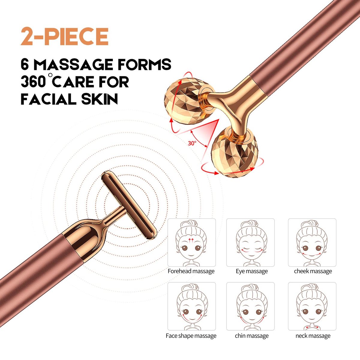 2-in-1 Beauty Bar 24K Golden Pulse Facial Massager – Electric 3D Roller & T-Shape for Eyes, Nose & Head – Rose Gold Avelisse