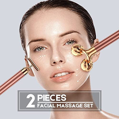 2-in-1 Beauty Bar 24K Golden Pulse Facial Massager – Electric 3D Roller & T-Shape for Eyes, Nose & Head – Rose Gold Avelisse