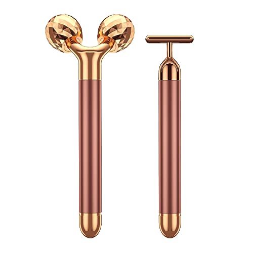 2-in-1 Beauty Bar 24K Golden Pulse Facial Massager – Electric 3D Roller & T-Shape for Eyes, Nose & Head – Rose Gold Avelisse