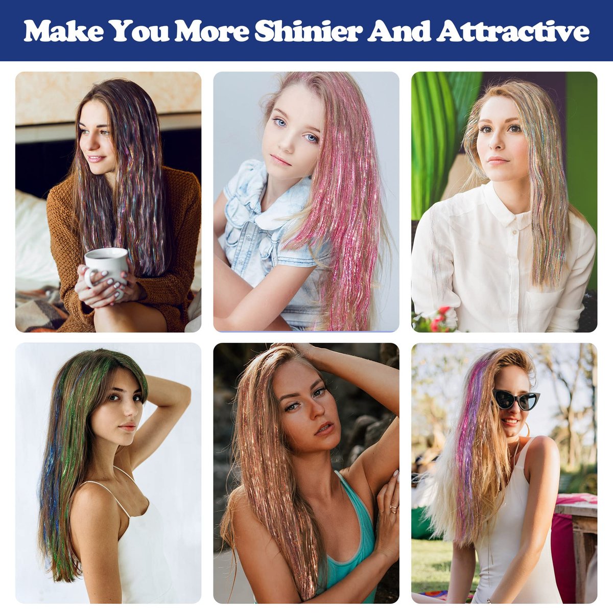 ELASO 16 Colors Hair Tinsel Kit - 48 Inch 3300 Strands Silicone Tinsel Hair Extensions for Fairy, Christmas, Halloween, Cosplay, Party, Highlights and Sparkling Glitter Hair - görsel 7