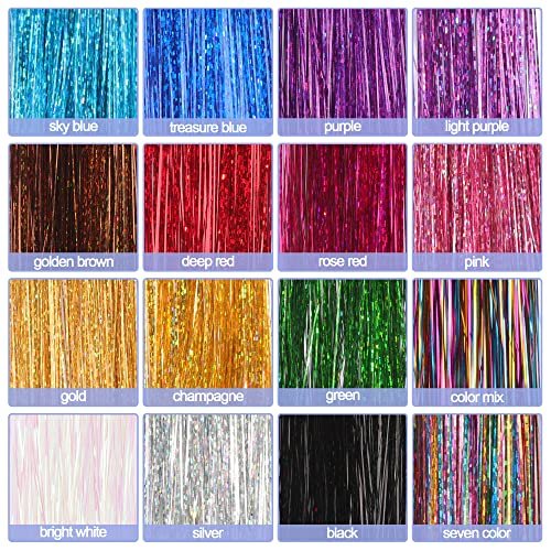 ELASO 16 Colors Hair Tinsel Kit - 48 Inch 3300 Strands Silicone Tinsel Hair Extensions for Fairy, Christmas, Halloween, Cosplay, Party, Highlights and Sparkling Glitter Hair - görsel 12