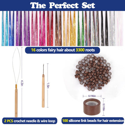 ELASO 16 Colors Hair Tinsel Kit - 48 Inch 3300 Strands Silicone Tinsel Hair Extensions for Fairy, Christmas, Halloween, Cosplay, Party, Highlights and Sparkling Glitter Hair