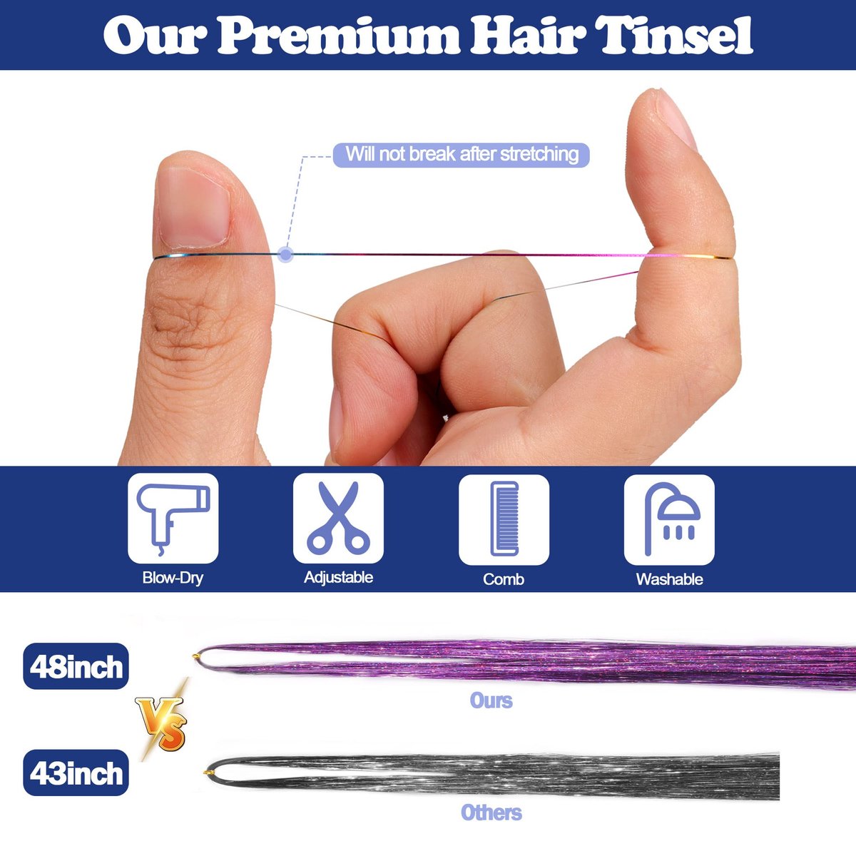 ELASO 16 Colors Hair Tinsel Kit - 48 Inch 3300 Strands Silicone Tinsel Hair Extensions for Fairy, Christmas, Halloween, Cosplay, Party, Highlights and Sparkling Glitter Hair - görsel 9