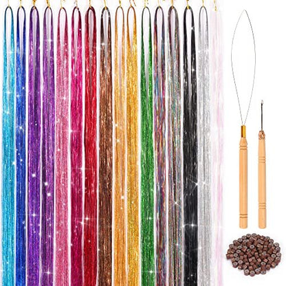 ELASO 16 Colors Hair Tinsel Kit - 48 Inch 3300 Strands Silicone Tinsel Hair Extensions for Fairy, Christmas, Halloween, Cosplay, Party, Highlights and Sparkling Glitter Hair