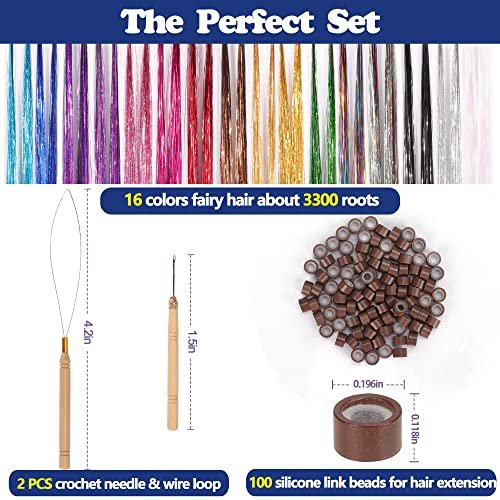ELASO 16 Colors Hair Tinsel Kit - 48 Inch 3300 Strands Silicone Tinsel Hair Extensions for Fairy, Christmas, Halloween, Cosplay, Party, Highlights and Sparkling Glitter Hair - görsel 4