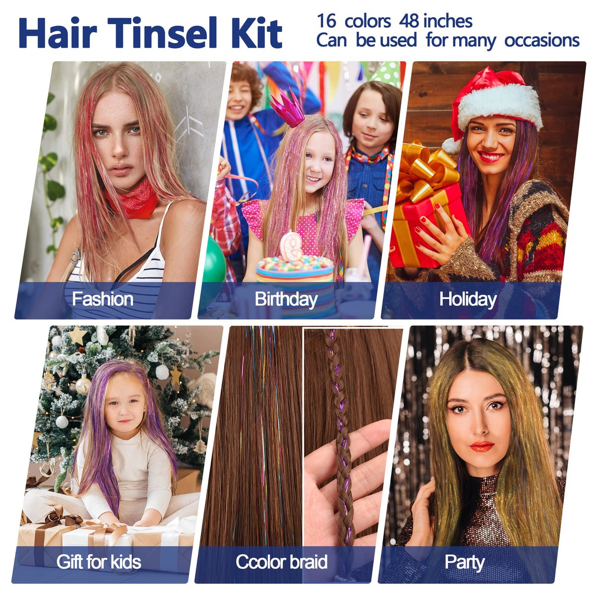 ELASO 16 Colors Hair Tinsel Kit - 48 Inch 3300 Strands Silicone Tinsel Hair Extensions for Fairy, Christmas, Halloween, Cosplay, Party, Highlights and Sparkling Glitter Hair - görsel 5