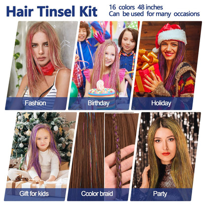 ELASO 16 Colors Hair Tinsel Kit - 48 Inch 3300 Strands Silicone Tinsel Hair Extensions for Fairy, Christmas, Halloween, Cosplay, Party, Highlights and Sparkling Glitter Hair