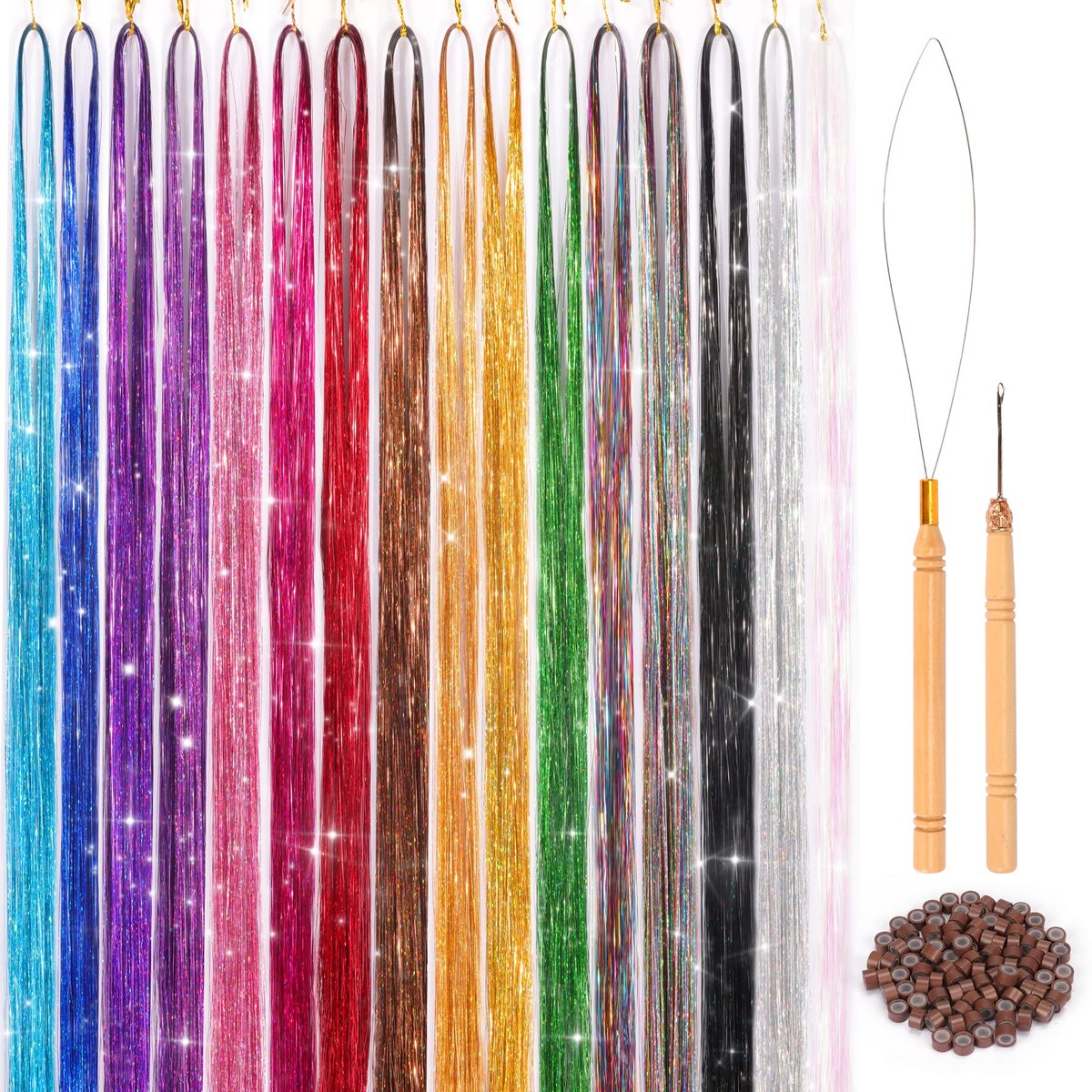 ELASO 16 Colors Hair Tinsel Kit - 48 Inch 3300 Strands Silicone Tinsel Hair Extensions for Fairy, Christmas, Halloween, Cosplay, Party, Highlights and Sparkling Glitter Hair - görsel 1
