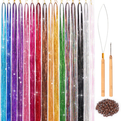 ELASO 16 Colors Hair Tinsel Kit - 48 Inch 3300 Strands Silicone Tinsel Hair Extensions for Fairy, Christmas, Halloween, Cosplay, Party, Highlights and Sparkling Glitter Hair