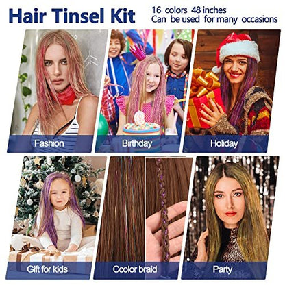 ELASO 16 Colors Hair Tinsel Kit - 48 Inch 3300 Strands Silicone Tinsel Hair Extensions for Fairy, Christmas, Halloween, Cosplay, Party, Highlights and Sparkling Glitter Hair