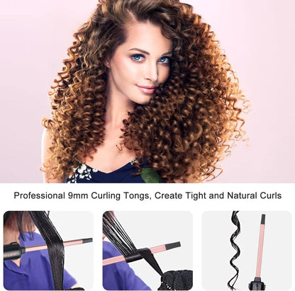 JAETON Small Curling Iron 3/8 Inch (9mm) - Professional Ceramic Tourmaline Curling Wand for Short & Long Hair, Rose Gold, Includes Heat Resistant Glove Avelisse