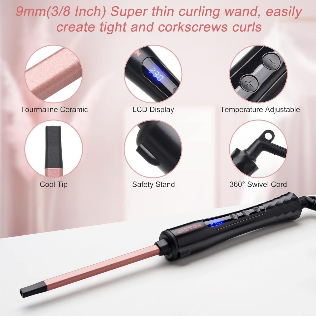 JAETON Small Curling Iron 3/8 Inch (9mm) - Professional Ceramic Tourmaline Curling Wand for Short & Long Hair, Rose Gold, Includes Heat Resistant Glove Avelisse