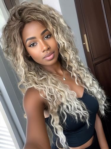 GNIMEGIL 26 Inch Ombre Ash Blonde Curly Wig – Fluffy 80s Long Wavy Wig for Women, Big Volume Synthetic Hair for Parties, Halloween, and Daily Wear Avelisse