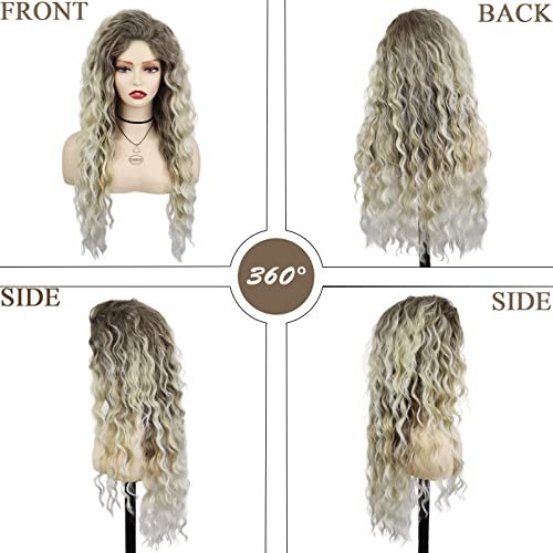 GNIMEGIL 26 Inch Ombre Ash Blonde Curly Wig – Fluffy 80s Long Wavy Wig for Women, Big Volume Synthetic Hair for Parties, Halloween, and Daily Wear Avelisse