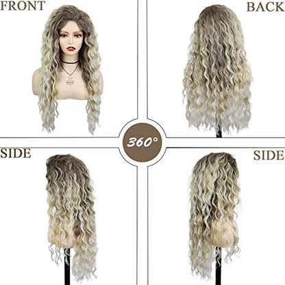 GNIMEGIL 26 Inch Ombre Ash Blonde Curly Wig – Fluffy 80s Long Wavy Wig for Women, Big Volume Synthetic Hair for Parties, Halloween, and Daily Wear Avelisse