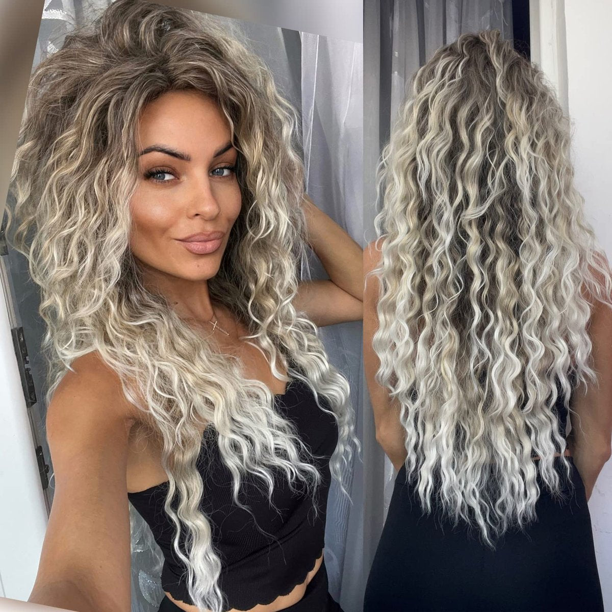 GNIMEGIL 26 Inch Ombre Ash Blonde Curly Wig – Fluffy 80s Long Wavy Wig for Women, Big Volume Synthetic Hair for Parties, Halloween, and Daily Wear Avelisse