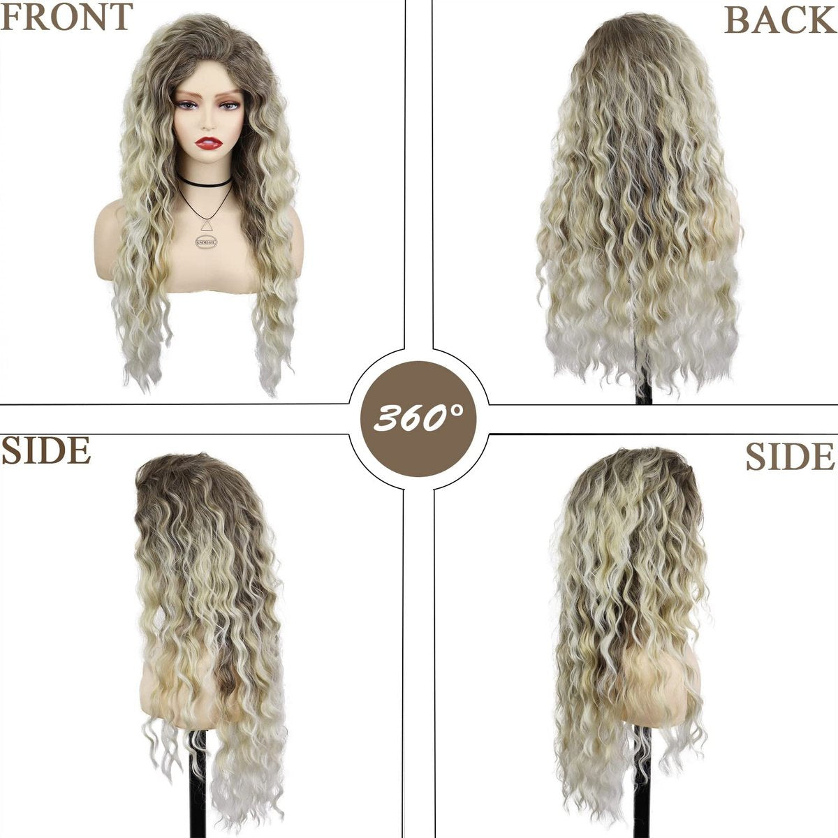 GNIMEGIL 26 Inch Ombre Ash Blonde Curly Wig – Fluffy 80s Long Wavy Wig for Women, Big Volume Synthetic Hair for Parties, Halloween, and Daily Wear Avelisse