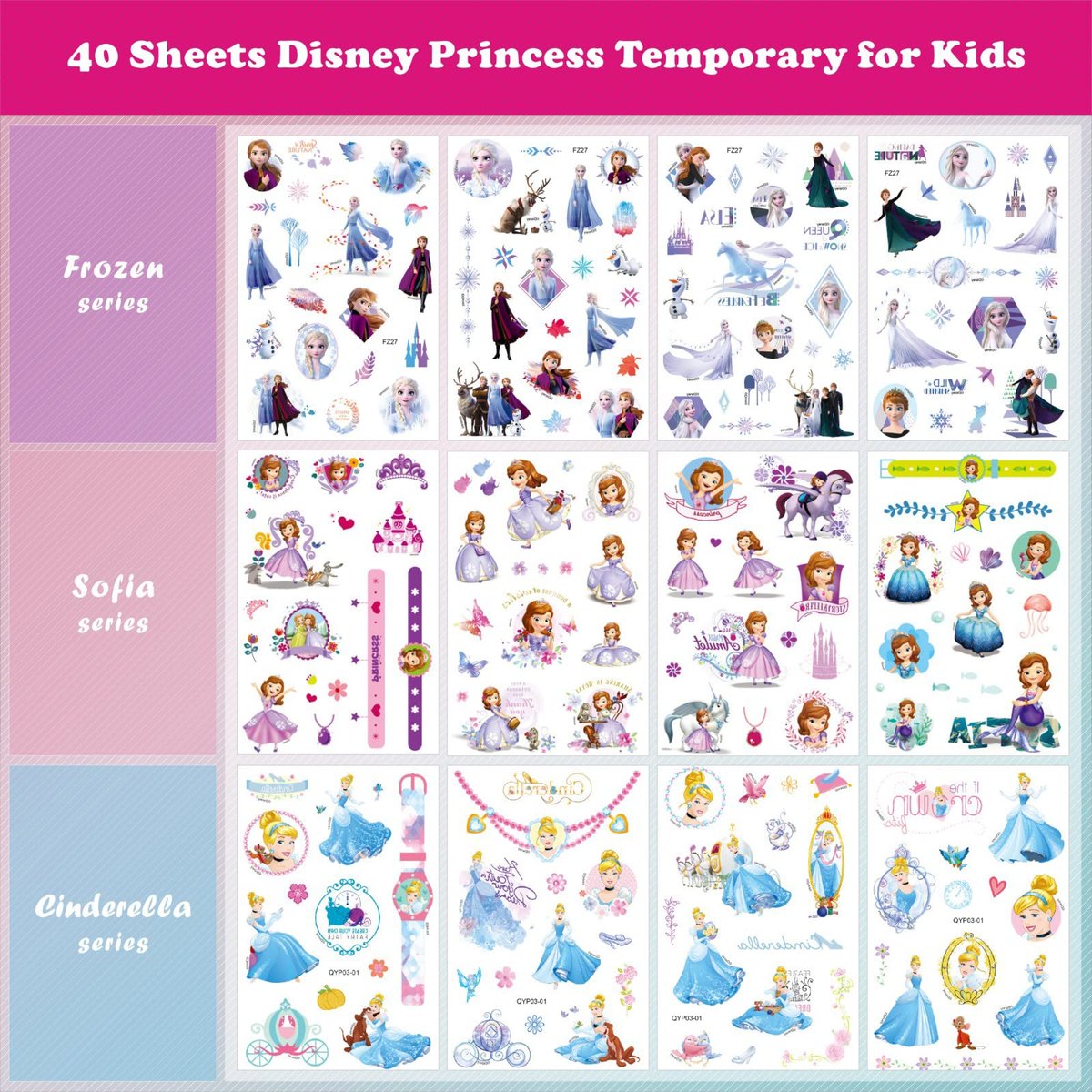 40 Sheets Princess Tattoos for Kids - Cartoon Temporary Tattoo Stickers Party Favor Set for Girls Boys - görsel 3