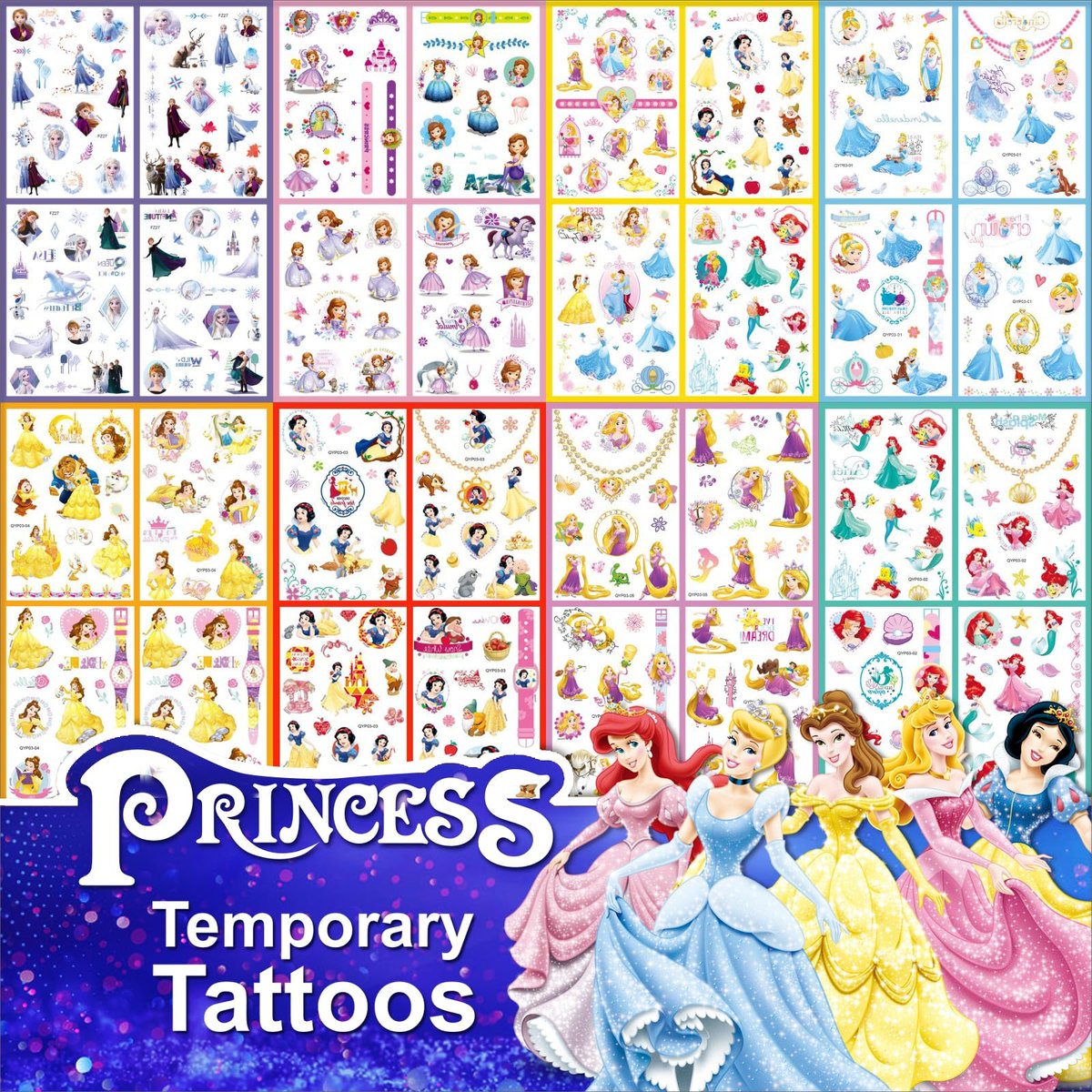 40 Sheets Princess Tattoos for Kids - Cartoon Temporary Tattoo Stickers Party Favor Set for Girls Boys - görsel 1