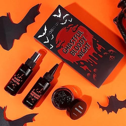 BOBISUKA 3PCS Halloween Fake Blood Makeup Kit - Coagulated, Spray & Dripping Blood for Realistic SFX Makeup