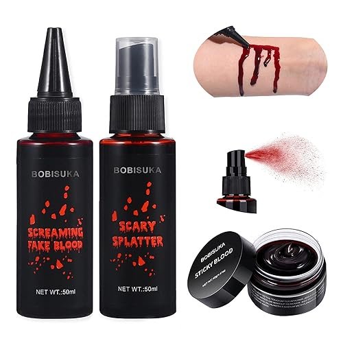 BOBISUKA 3PCS Halloween Fake Blood Makeup Kit - Coagulated, Spray & Dripping Blood for Realistic SFX Makeup - görsel 2
