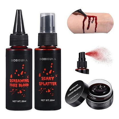 BOBISUKA 3PCS Halloween Fake Blood Makeup Kit - Coagulated, Spray & Dripping Blood for Realistic SFX Makeup