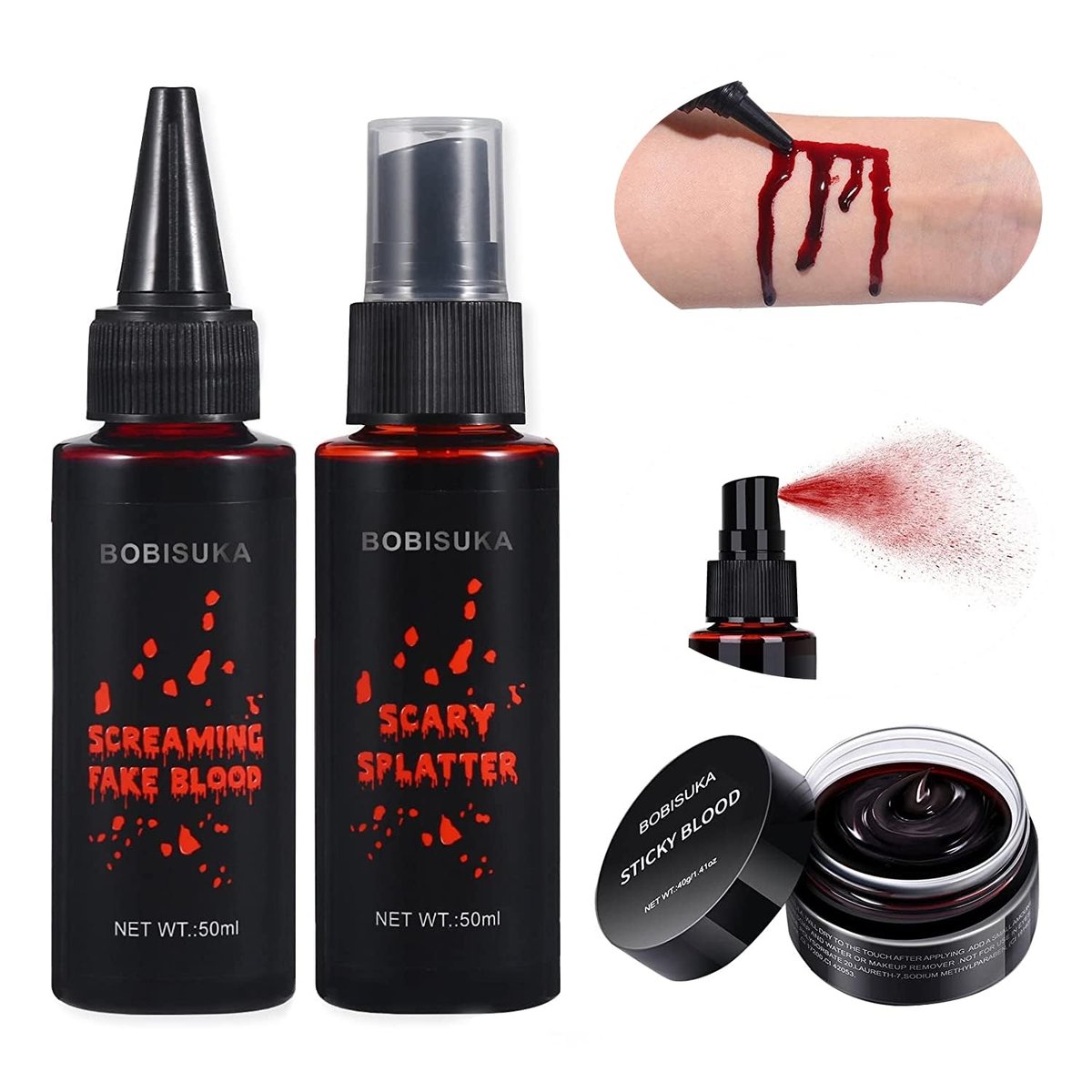 BOBISUKA 3PCS Halloween Fake Blood Makeup Kit - Coagulated, Spray & Dripping Blood for Realistic SFX Makeup - görsel 1