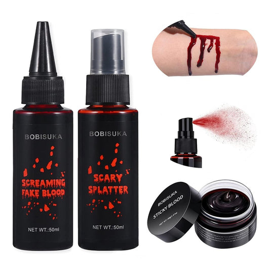 BOBISUKA 3PCS Halloween Fake Blood Makeup Kit - Coagulated, Spray & Dripping Blood for Realistic SFX Makeup
