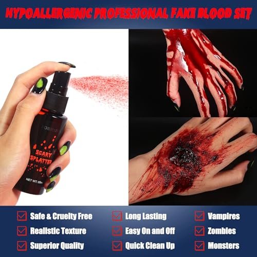 BOBISUKA 3PCS Halloween Fake Blood Makeup Kit - Coagulated, Spray & Dripping Blood for Realistic SFX Makeup - görsel 6
