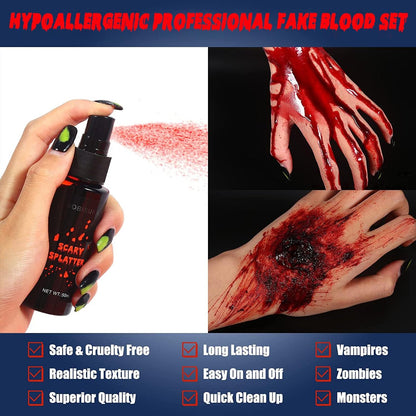 BOBISUKA 3PCS Halloween Fake Blood Makeup Kit - Coagulated, Spray & Dripping Blood for Realistic SFX Makeup
