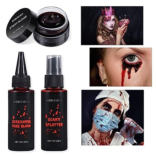BOBISUKA 3PCS Halloween Fake Blood Makeup Kit - Coagulated, Spray & Dripping Blood for Realistic SFX Makeup - görsel 4
