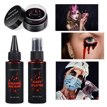 BOBISUKA 3PCS Halloween Fake Blood Makeup Kit - Coagulated, Spray & Dripping Blood for Realistic SFX Makeup