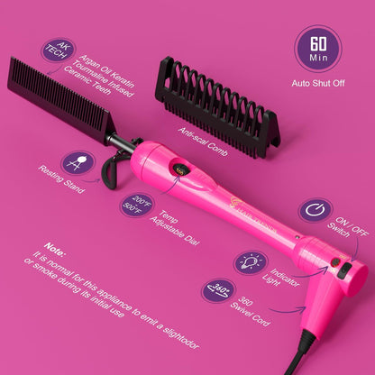 Mini Pink Hot Comb 500 Degree – Dual Voltage Electric Pressing Comb for Black Hair, Portable Ceramic Straightening Comb for 4C Hair, Wigs & Beard Avelisse